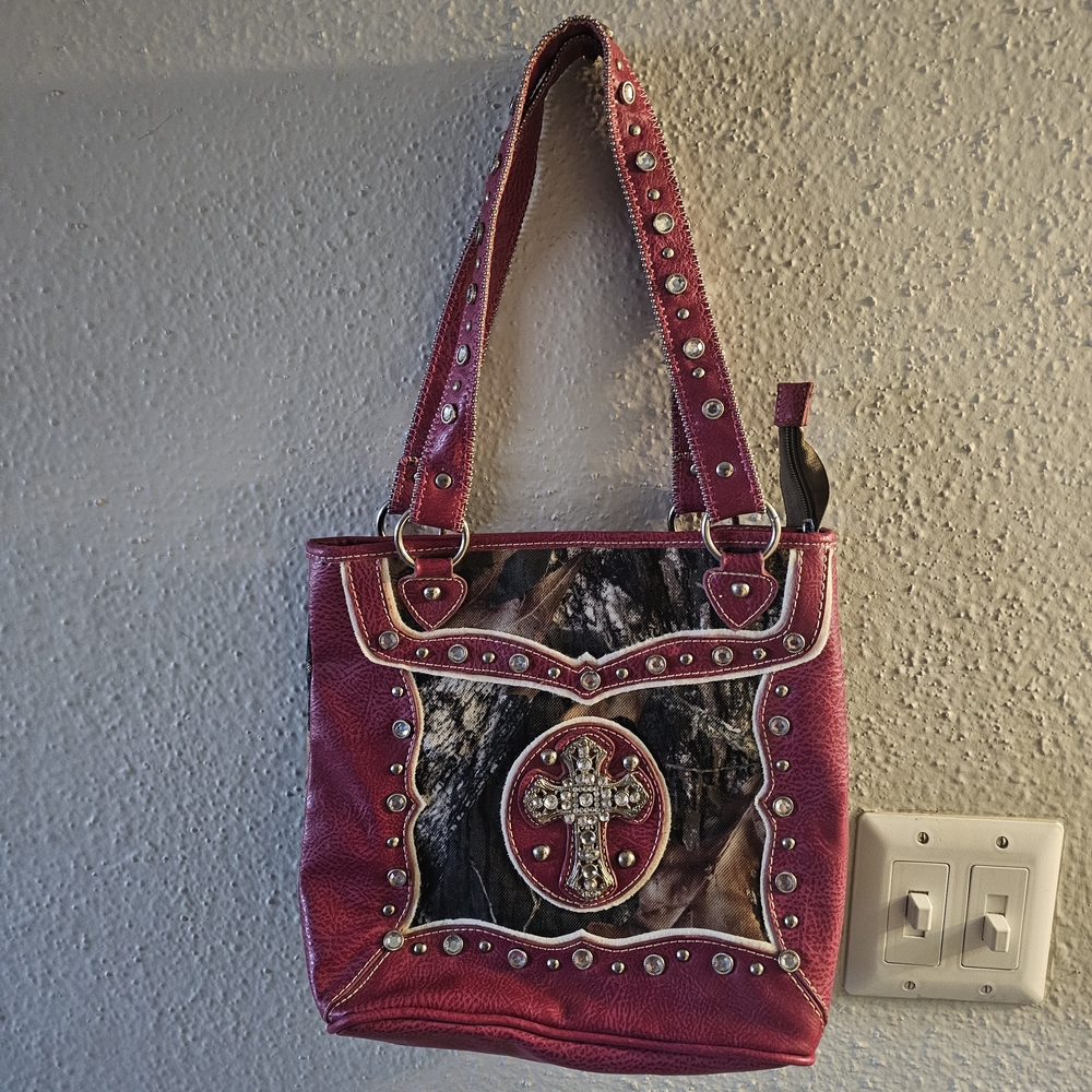 Pink Camo Purse Cross Body Bag Rhinestone Cross Studded Handbag Western Style